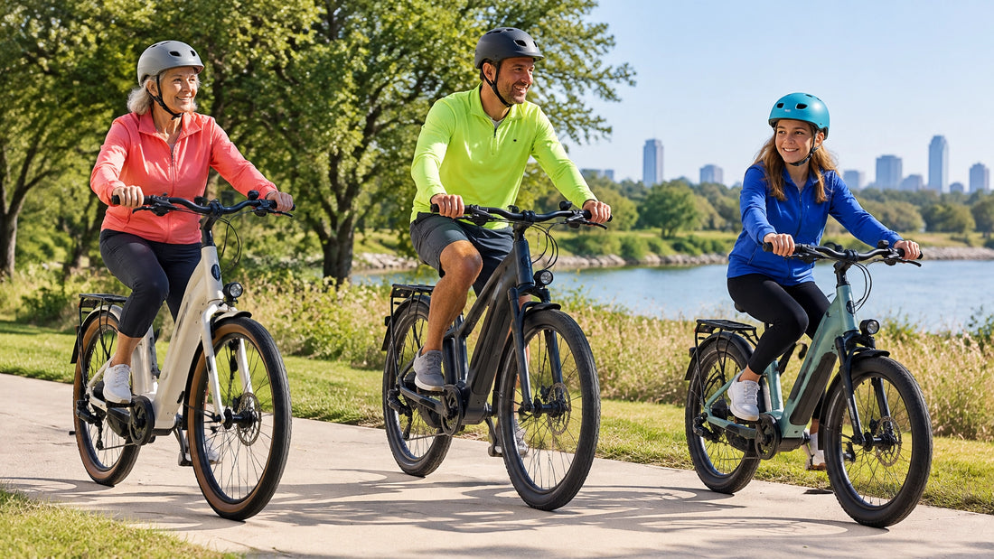 A Texas family riding properly fitted pedal-assist electric bikes together on a paved trail