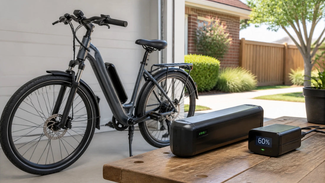 Electric bicycle battery and charger safely placed on a workbench in a shaded North Texas garage