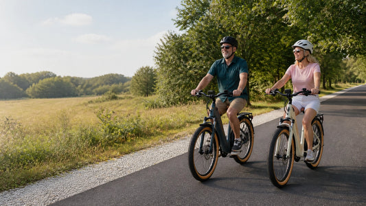 Mature couple riding comfortable touring e-bikes on a North Texas rail trail