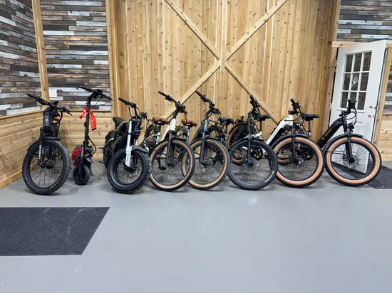 Fat tire e-bikes displayed inside the Cyclone Electric Bikes showroom
