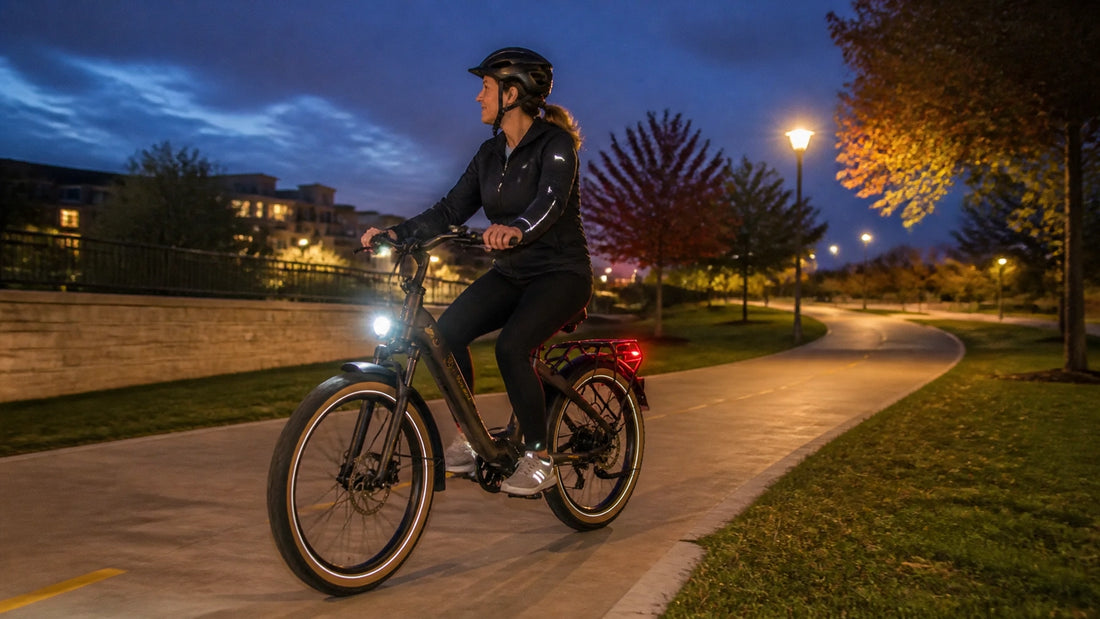 E-bike rider with bright front and rear lights riding safely on a North Texas path at blue hour