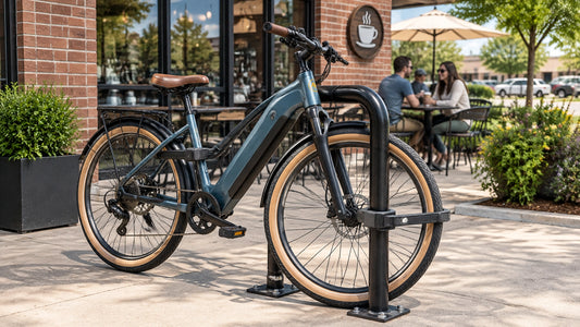 An electric bicycle secured with a U-lock and folding lock outside a North Texas coffee shop