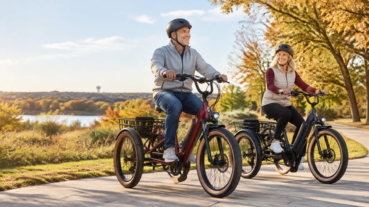 Adult riders enjoying a comfortable electric tricycle ride on a North Texas trail during early fall