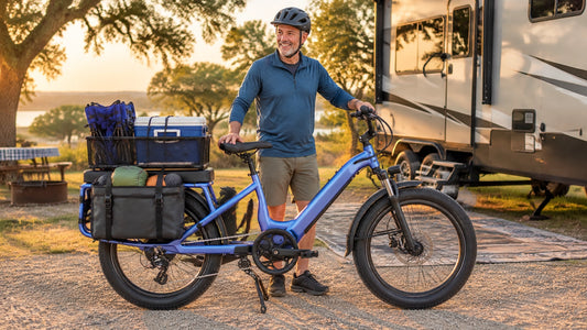 Pedal-equipped cargo e-bike loaded with camping supplies beside an RV at a North Texas campground