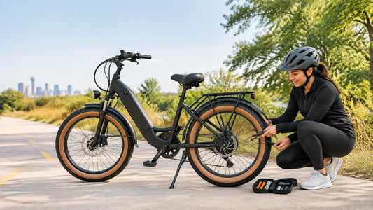 E-bike rider safely stopped beside a North Texas trail while checking a tire with a compact roadside repair kit