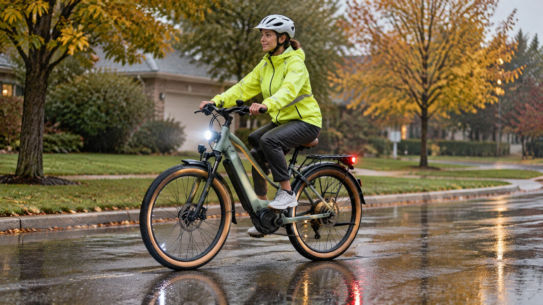 E-bike rider wearing a helmet and high-visibility rain gear while riding carefully on wet pavement