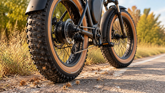 Electric bicycle tires rolling along a North Texas trail shoulder during fall riding season